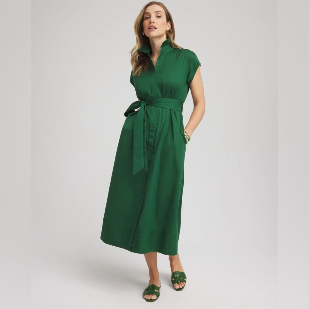 Chico's Forest Green Midi Belted ShirtDress Size 1/Med (PTP 19-21/Length 49) NWT